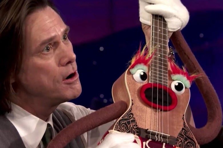 In a scene from Kidding, Jim Carrey's Mr. Pickles performs with a puppet-like ukulele.